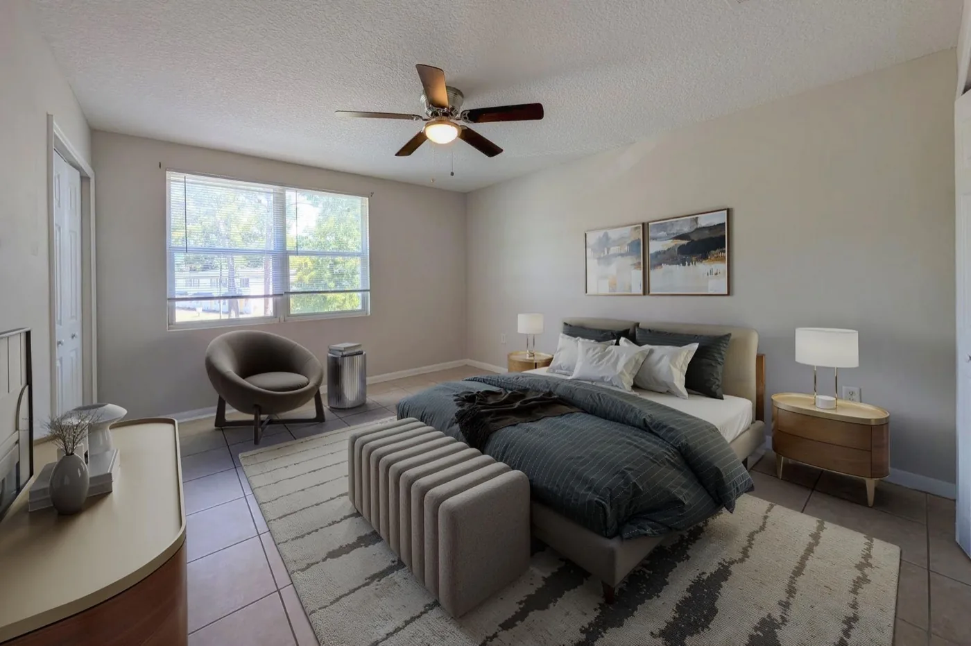 Staged bedroom in a renovated Yellow Pine townhome