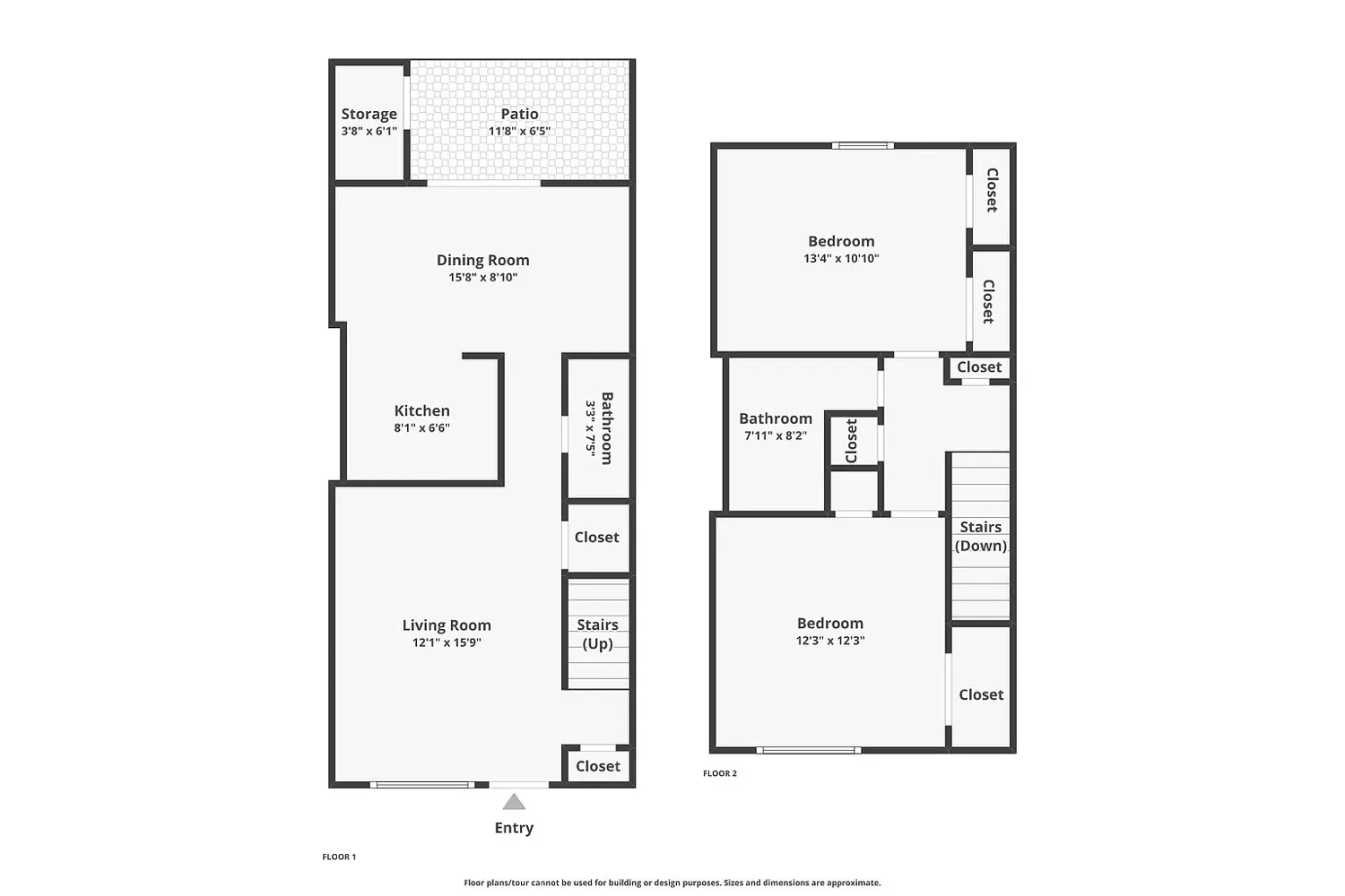 Yellow Pine townhome floor plan: first floor with living room, dining room, kitchen, half bath, and patio; second floor with two bedrooms and full bath, about 1,100 square feet